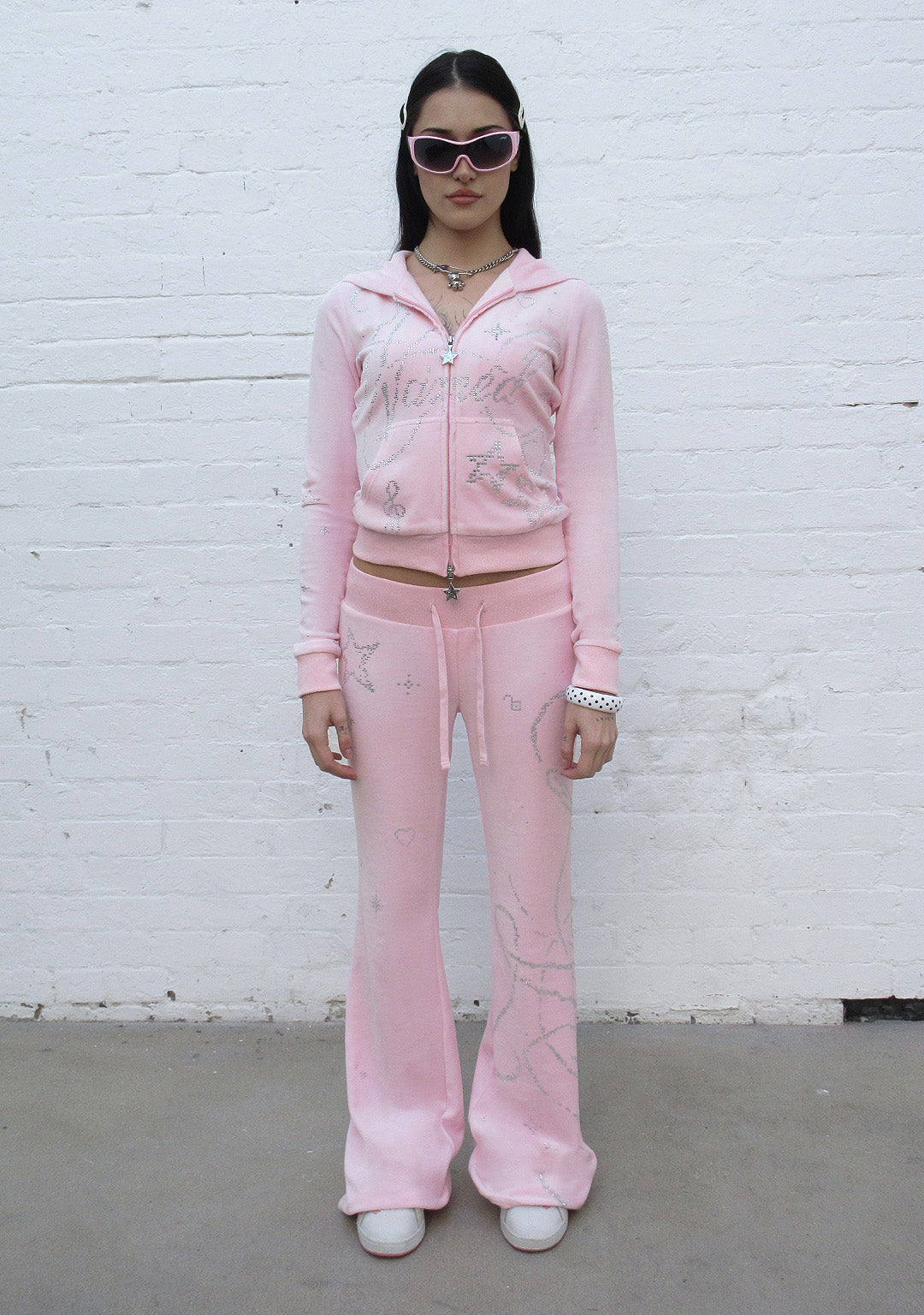 DREAMER RHINESTONE VELOUR TEDDY ZIP HOODIE BABY PINK